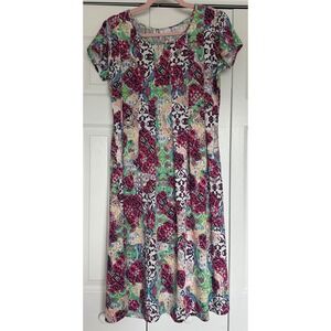 Kim Rogers Petite PM Pink Green Paisley Print Short Sleeve Midi Dress Stretch
